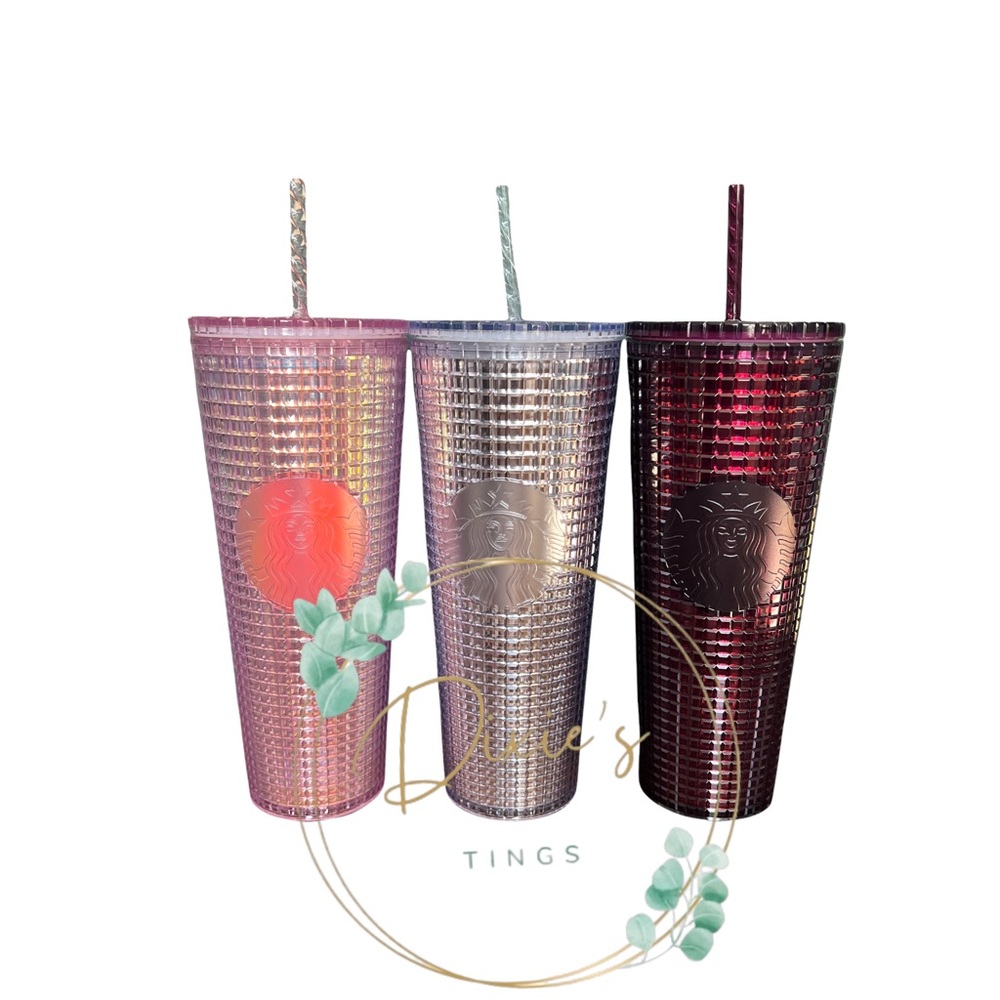 Starbucks Studded Grid Venti Tumbler Pink Silver Burgundy